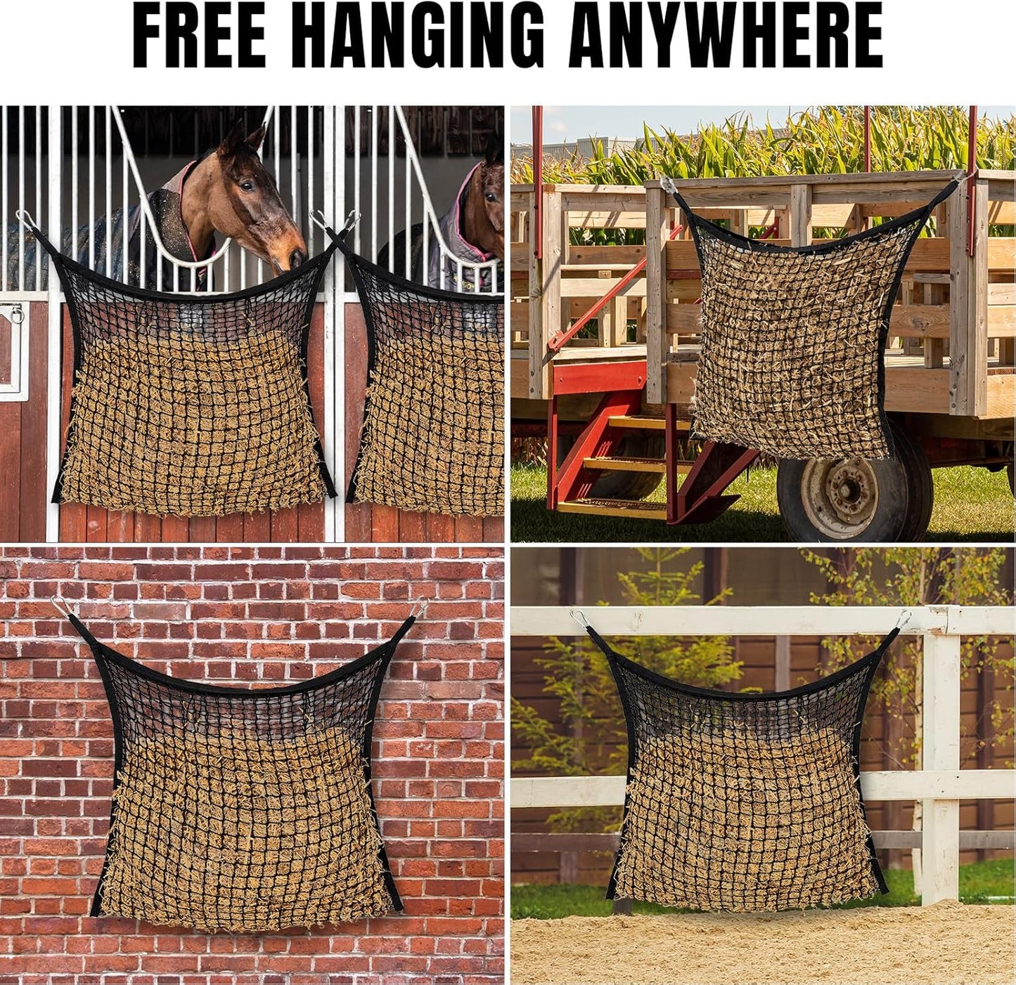 4 PCS Slow Feed Hay Net for Horses, Large Capacity Hay Bags for Horses Goats Sheep Donkey Trailer Full Day Feeding, Easy to Fill and Hang, Black, 35 x 31 Inch