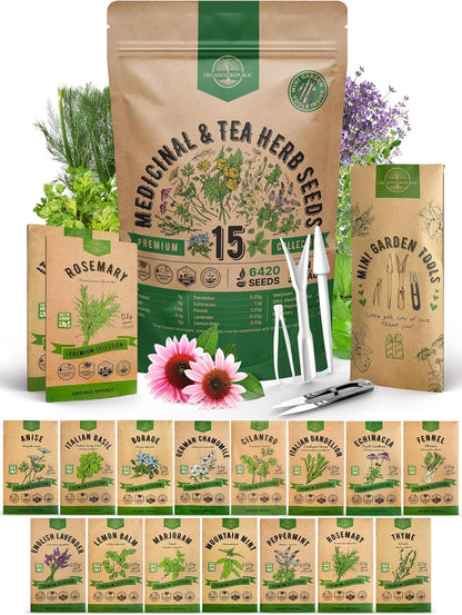 Organo Republic 15 Medicinal & Tea Herb Seeds Variety Pack 6,420+ Non-GMO Heirloom Garden Seeds for Indoor & Outdoors, Including Anise, Borage, Cilantro, Chamomile, Dandelion, Rosemary Seeds