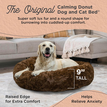 Best Friends by Sheri Original Calming Donut Dog and Cat Bed, Lux Faux Fur, Dark Brown, (36in x 36in) - Anxiety Relief for Pets Up to 100 lbs