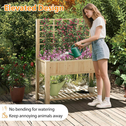 Giantex Raised Garden Bed with Trellis, Wooden Elevated Planter Box with Legs, Drainage Holes for Climbing Plants Vines Vegetables Flowers Herbs, Outdoor Horticulture Planter for Patio Yard