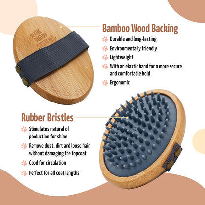 The Buddy System Rubber Pet Close Brush, Soft Touch Oval Palm Brush - Bamboo Massage Handheld with Rubber Bristles and Elastic Band for Dogs and Cats - Gray