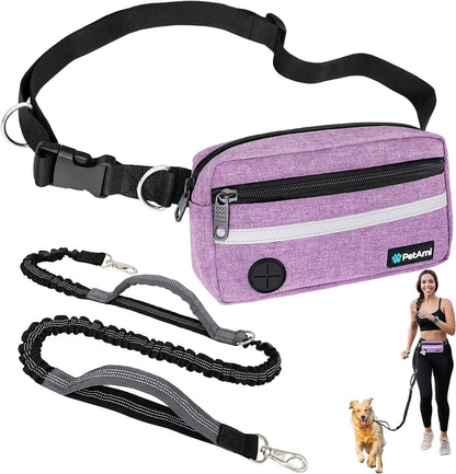 PetAmi Hands Free Dog Leash, Dog Running Leash Belt for Walking Jogging, Dog Waist Zipper Pouch Fanny Pack with Poop Bag Dispenser, Dual Padded Handle Bungee Leash for Small Medium Large Dogs, Single