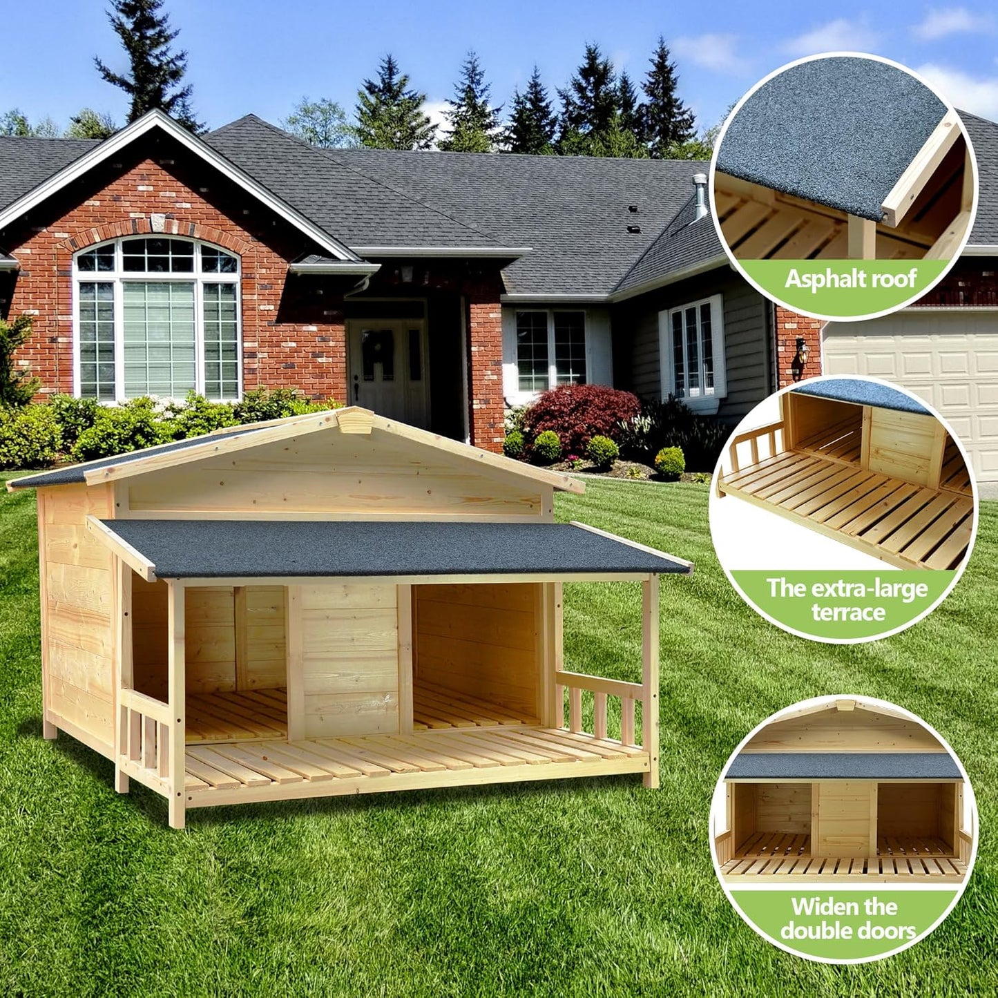 Large Outdoor Wooden Dog House – Weatherproof Double Kennel with Asphalt Roof & Covered Porch, Ideal for Medium to Large Breeds