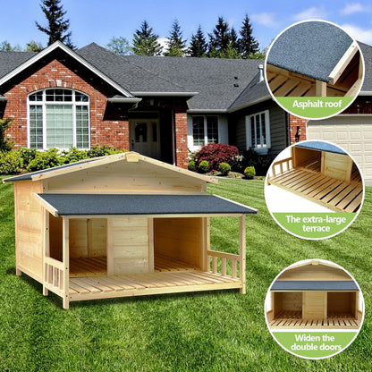 Large Outdoor Wooden Dog House – Weatherproof Double Kennel with Asphalt Roof & Covered Porch, Ideal for Medium to Large Breeds