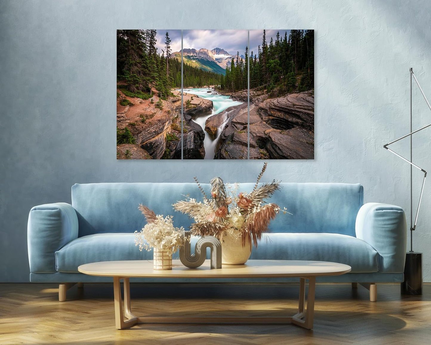 Nature Wall Art Prints - Ocean Forest Mountain Lake Canvas Landscapes - Small to Extra Large Living Room Bedroom Kitchen Bathroom Décor (Mountain River Waterfall, 39L" x 59W" - 3 Panels)