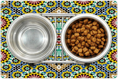 Lunarable Moroccan Pet Mat for Food and Water, Architectural Glaze Wall Tile Ceramic Historical Traveling Destinations, Non-Slip Rubber Mat for Dogs and Cats, 18" X 12", Khaki Blue