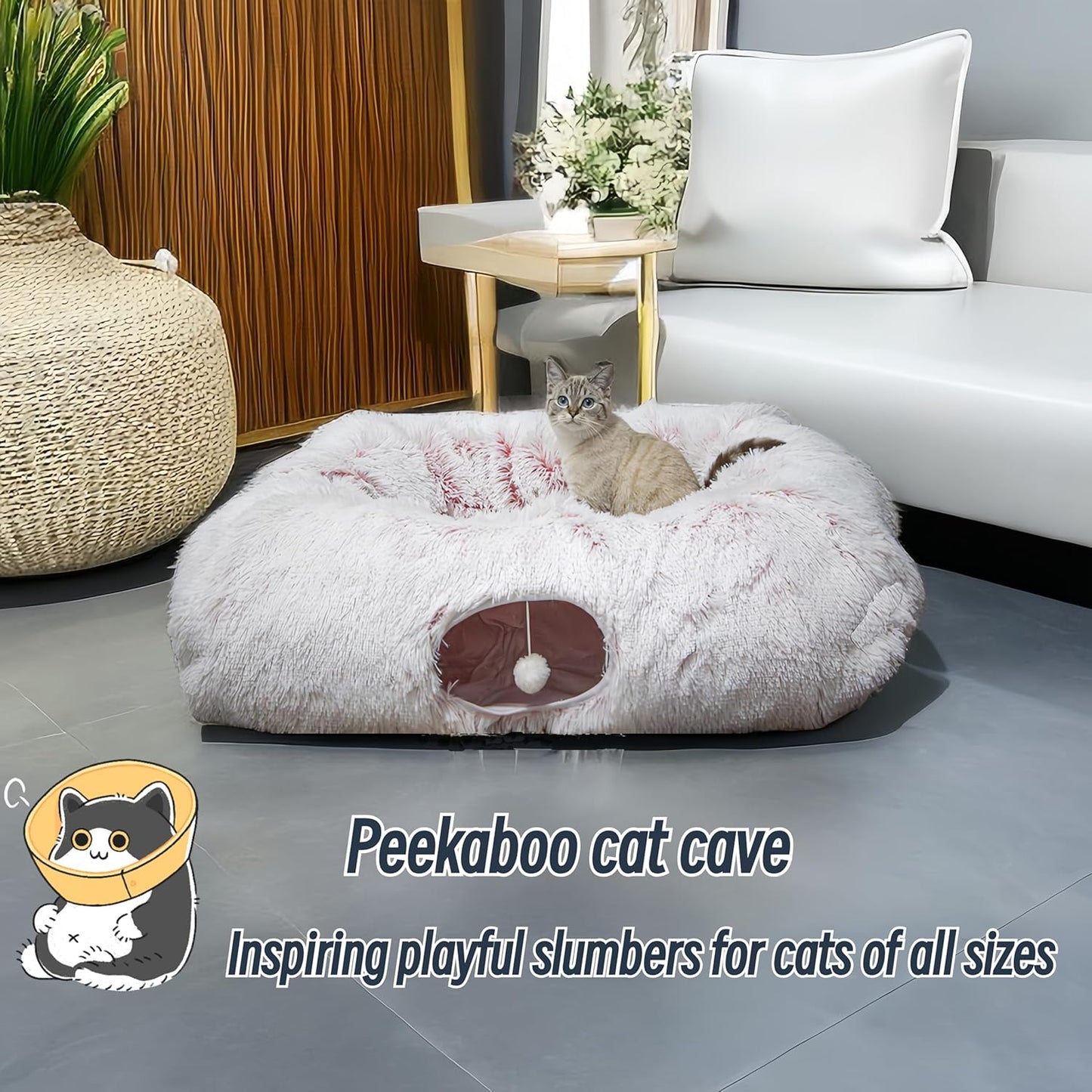 XxingSheep Extra Large Cat Tunnel Bed for Indoor Cats Peekaboo Cat Cave Donut with Center Mat,Pinkish White