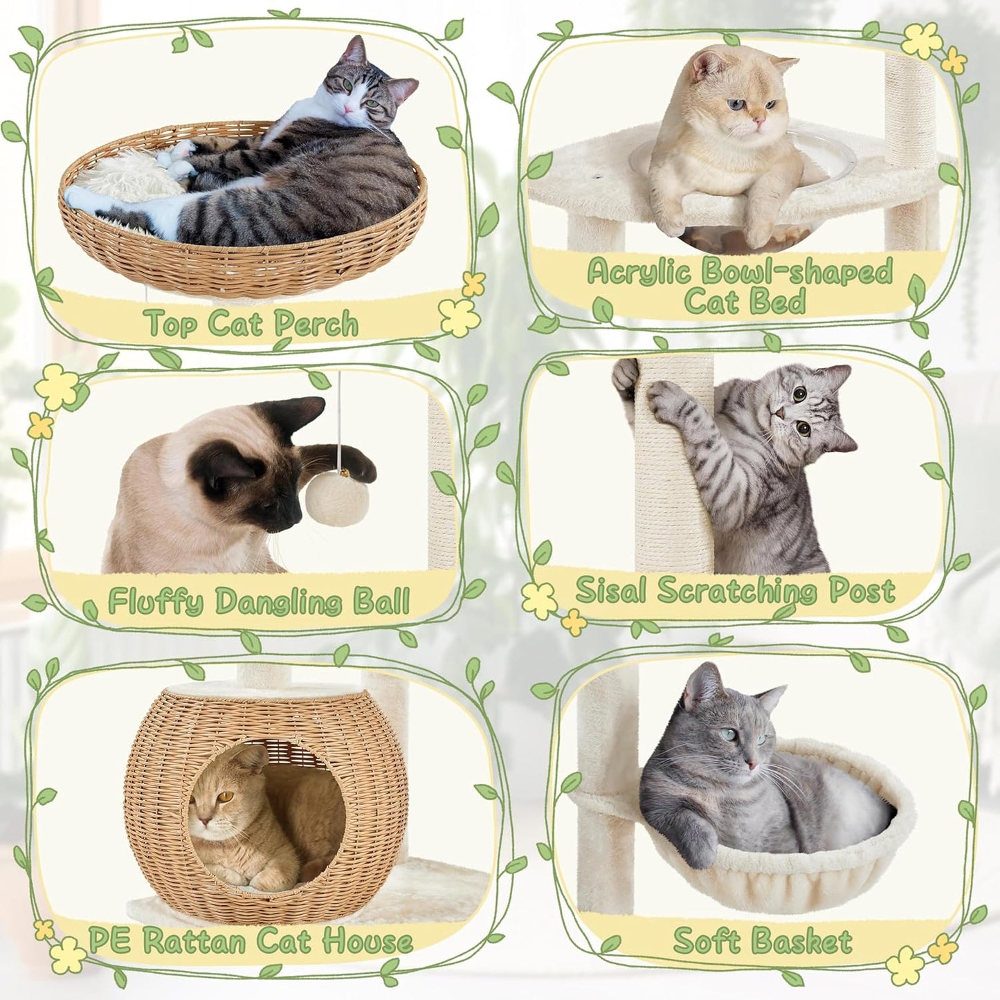 Yaheetech 54in Rattan Cat Tree, Modern Tower with Breathable Woven Condo, Scratching Posts & Washable Cushions, Naturally Cool in Summer, Cute Furniture for Indoor Cats