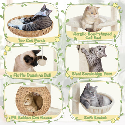 Yaheetech 54in Rattan Cat Tree, Modern Tower with Breathable Woven Condo, Scratching Posts & Washable Cushions, Naturally Cool in Summer, Cute Furniture for Indoor Cats