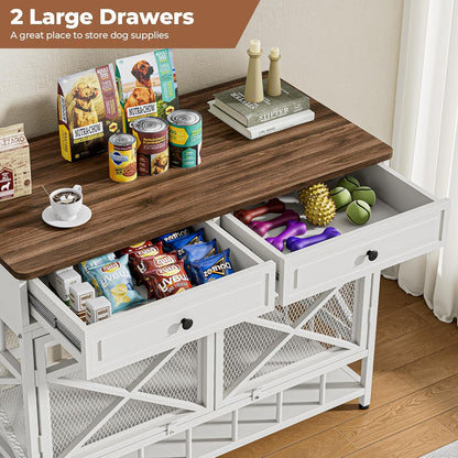 IRONCK 44 inch Large Dog Crate Furniture, Wooden Dog Kennel with Storage Drawers for Medium/Large Dogs, Decorative Dogs Kennel Indoor, White and Walnut