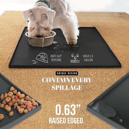 AVERYDAY 18x10'' Silicone Dog Mat for Food and Water, 0.63'' Edge Dog Food Bowl Mats for Floor Waterproof, Dogs Water Mat for Sloppy Drinker, Non Slip Rubber Pet Feeding Mats for Indoor Dogs and Cats