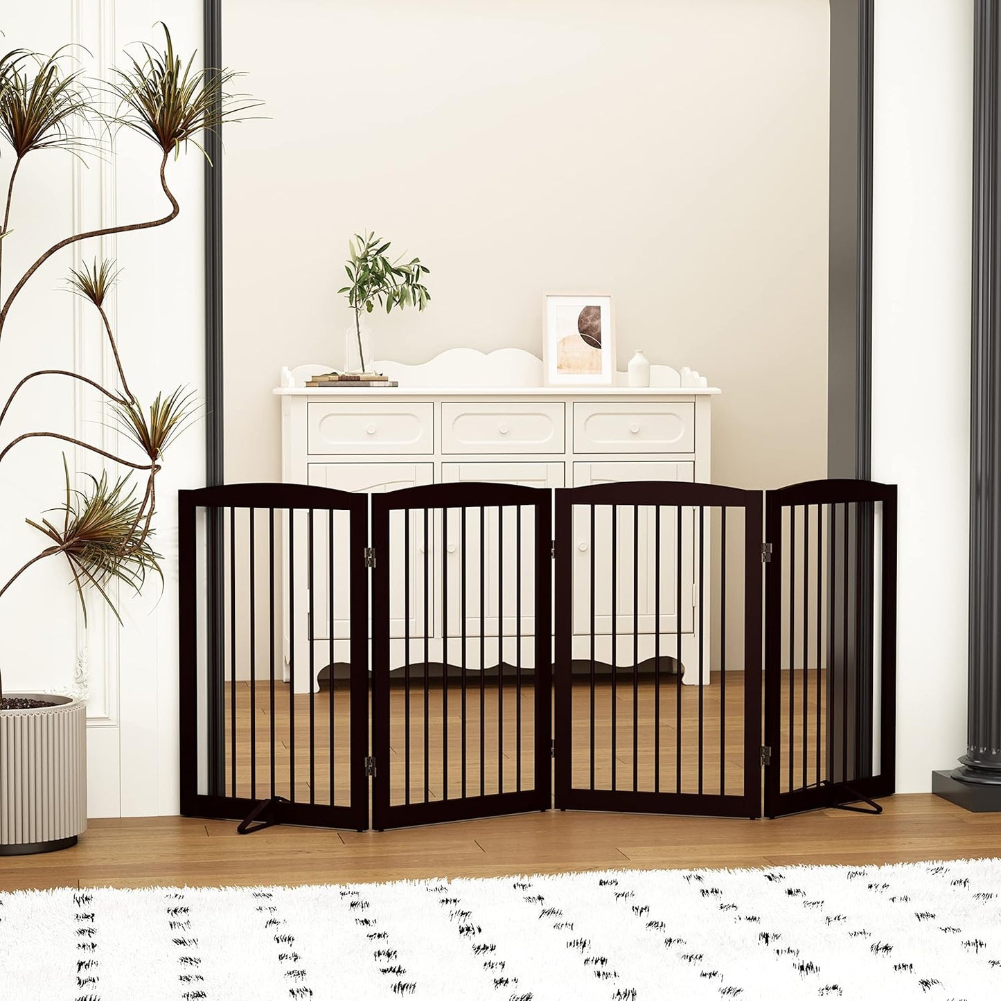 Freestanding Pet Gate for Dogs, Indoor Wooden Foldable Dog Gate for House, Doorway, Stair, 80 Inch Wide, 4 Panels 32",Brown