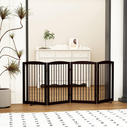 Freestanding Pet Gate for Dogs, Indoor Wooden Foldable Dog Gate for House, Doorway, Stair, 80 Inch Wide, 4 Panels 32",Brown