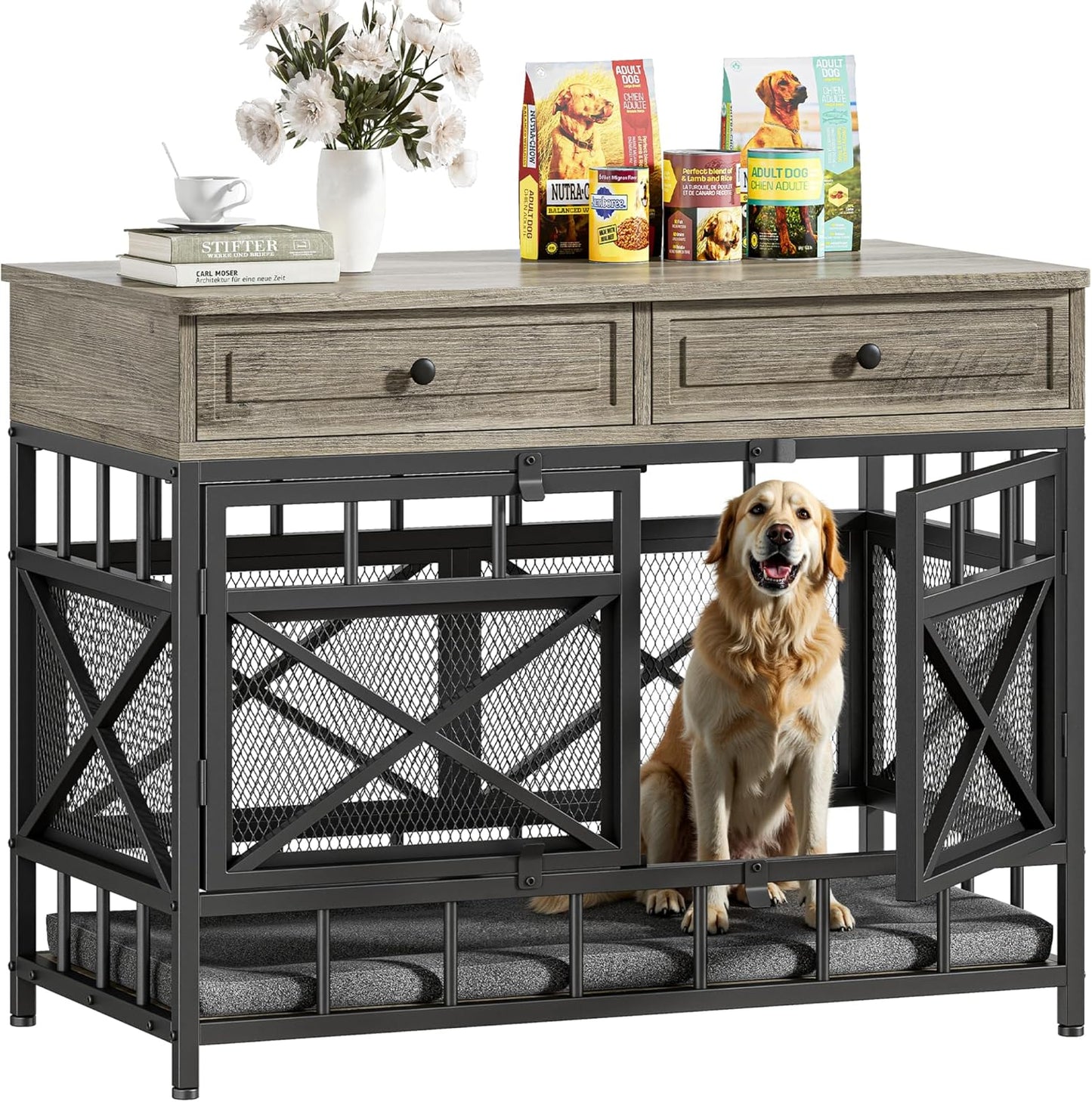 IRONCK 44 inch Large Dog Crate Furniture, Wooden Dog Kennel with Storage Drawers for Medium/Large Dogs, Decorative Dogs Kennel Indoor, Light Ivory