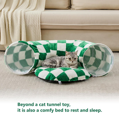 Cat Tunnel for Indoor Cats, Cute Peekaboo Cat Cave with Dangling Balls, Checkered Pet Donut Tunnel Bed with Circle Mat for Puppy Kitten Rabbit, Green/White
