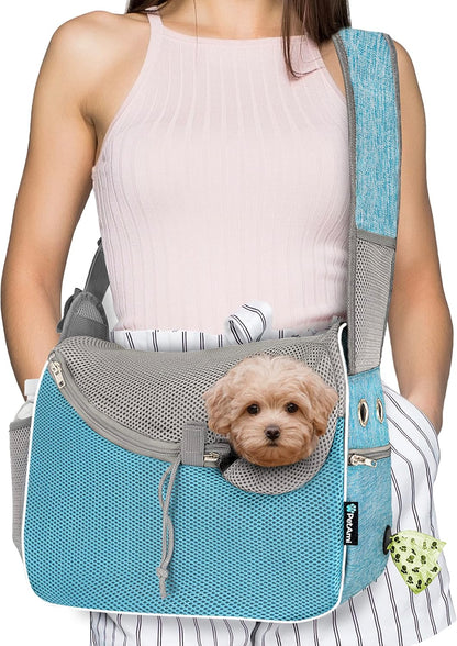 PetAmi Small Dog Sling Carrier, Soft-Sided Crossbody Puppy Carrying Purse Bag, Adjustable Sling Pet Pouch to Wear Medium Dog Cat Travel, Dog Bag for Traveling, Poop Bag Dispenser, Max 10 lbs, Blue