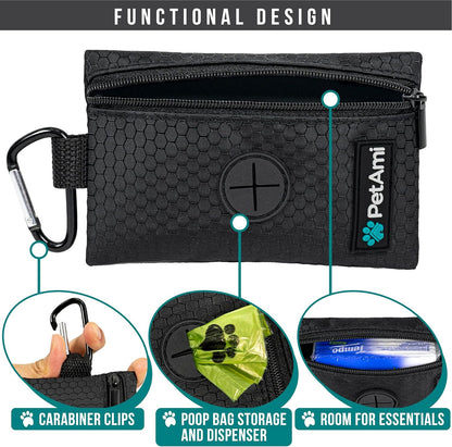 PetAmi Dog Poop Bag Holder for Leash, Dog Poop Bag Dispenser with Clip, Dog Waste Bag Holder for Pet, Dog Treat Pouch, Doggy Walking Camping Accessories with Trash Bag Roll, Black 1 Pack