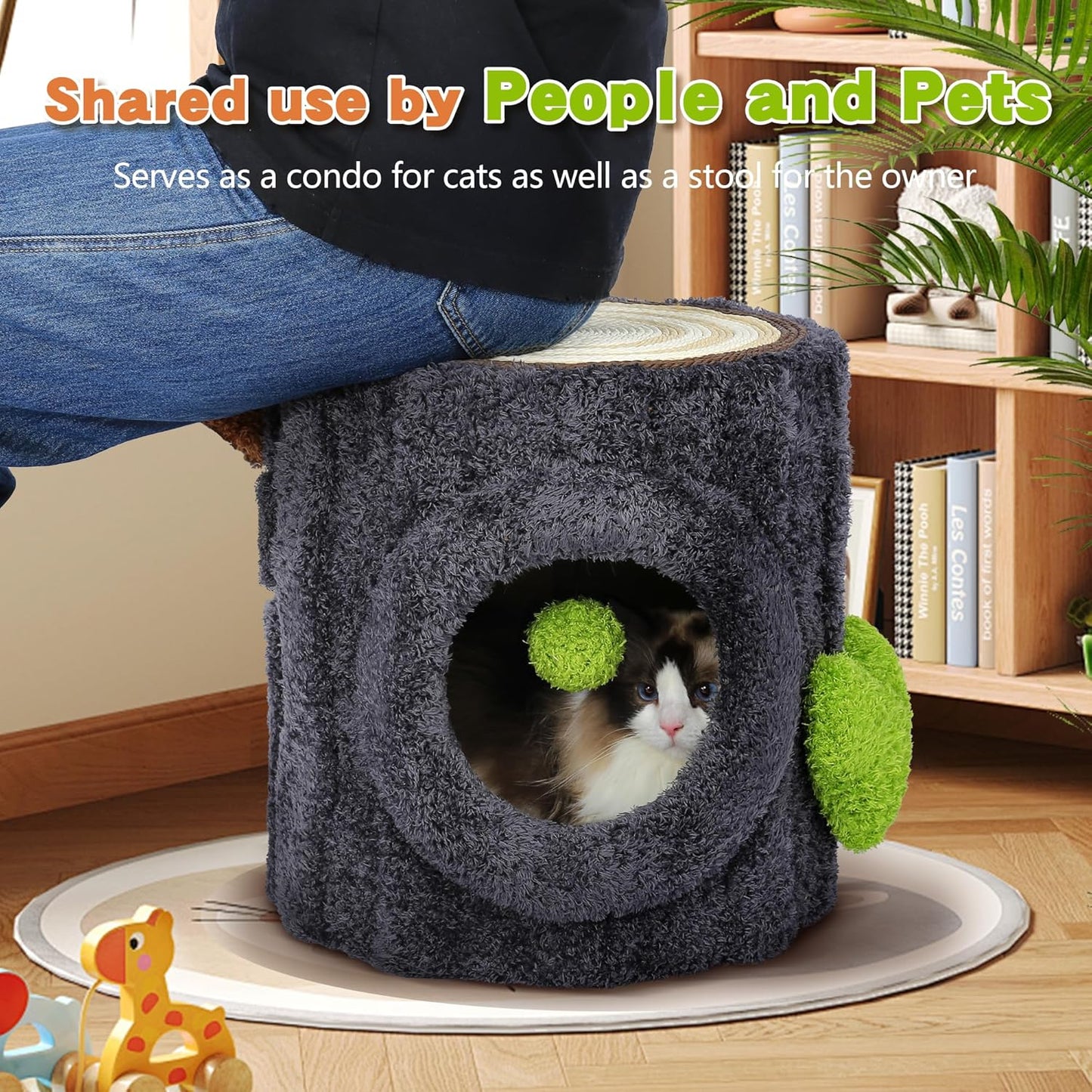 NUNU Cat Tree Tower with Scratch Table ＆ Soft Cushion, Cat Condo Tree Cave for Small Kittens, Cat House with Hanging Ball Toy for Indoor (Grey)