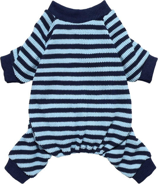 Fitwarm Blue and White Striped Dog Pajamas, Waffle Dog Clothes for Small Dogs Girl Boy, Puppy Onesie with Feet, Pet Cat Outfit, XL