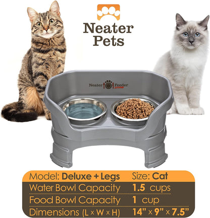 Neater Feeder Deluxe Mess Proof Cat Bowls Elevated for All Breeds – Made in USA – No Spill Raised Cat Bowls for Indoor Cats w/Leg Extensions – Stainless Steel Cat Food and Water Bowl Set - Grey
