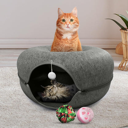Okoco Cat Tunnel Bed for Indoor Cats Large, 24" Peekaboo Cat Cave Donut Bed for Pets up to 45lbs, 2-in-1 Round Tube with Hanging Ball Toy & Removable Machine Washable Parts (Dark Gray)