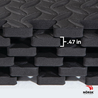 Norsk Foam Floor Gym Mats with Interlocking Tiles, .47" Thick, 24"x24", 54-Pack, 216 Square Feet, Diamond Plate Design, Black