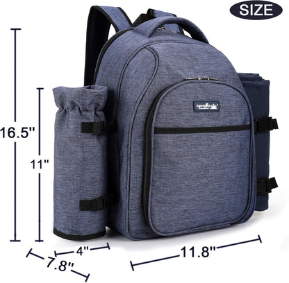 Apollo Walker Picnic Backpack Bag for 2 Person with Cooler Compartment, Detachable Bottle/Wine Holder, Fleece Blanket, Plates and Cutlery Set (2 Person, Navy)