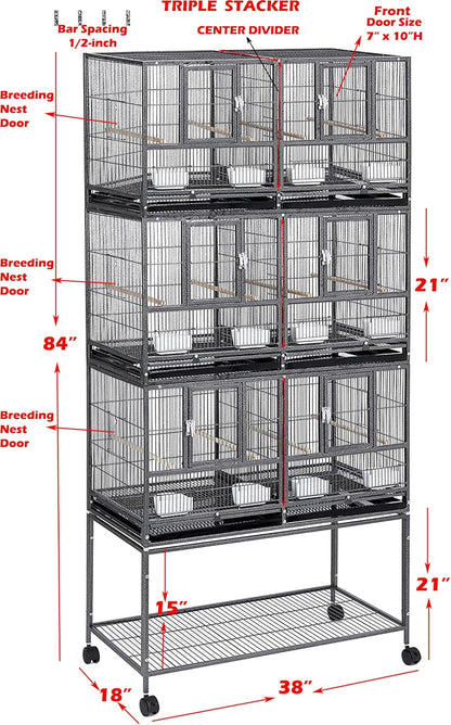Single/Double/Triple Stackable Center Divided Breeder Breeding Bird Flight Double Rolling Cage for Aviaries Canaries Cockatiels Lovebirds Finches Budgies Small Parrots (White, Triple)