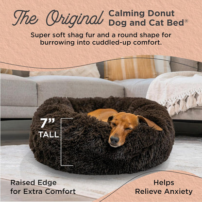Best Friends by Sheri Original Calming Donut Dog and Cat Bed, Shag Faux Fur, Dark Brown, (23in x 23in) - Anxiety Relief for Pets Up to 25 lbs