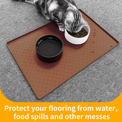 Ptlom Pet Placemat for Dog and Cat, Waterproof Silicone Pet Feeding Bowl Mats for Food and Water, Small Medium Large Dogs Mat Prevent Residues from Spilling to Floor, Brown, 24.5" 16.5"
