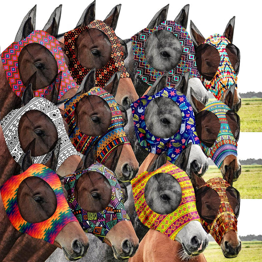 Qualirey12 Pieces Horse Fly Mask Bulk Comfortable Elasticity Mask for Horses with Ears Net UV Protection Breathable Horse Supplies Face Covering for Horse Pony and Foal (Geometric Patterns, Medium)