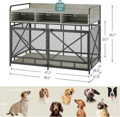 Dog Crate Furniture, 48" Heavy Duty Wooden Dog Crate End Table, XL Dog Kennel Furniture Large Breed, Decorative Dog Kennel Indoor with 3 Drawers & Steel Tubes 48" L x28 W x36 H (Grey)