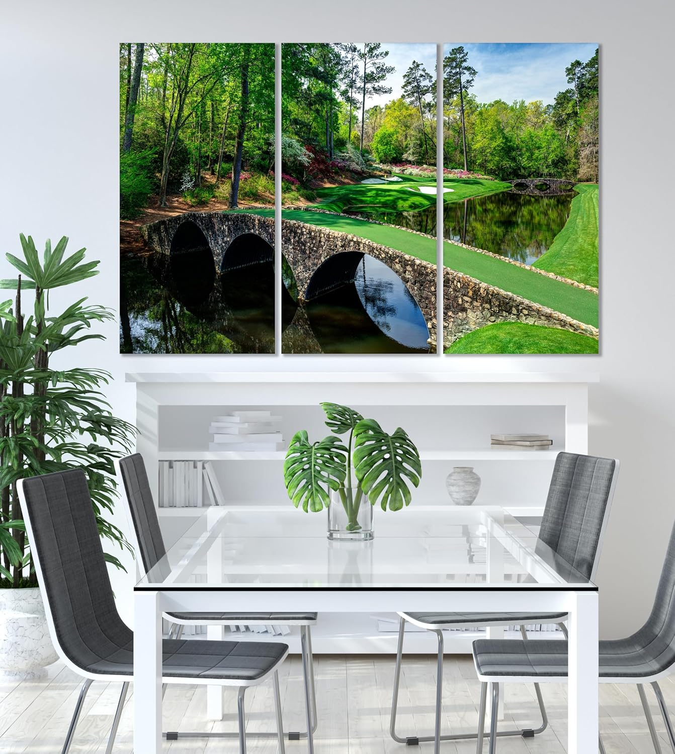 Nature Wall Art Prints - Ocean Forest Mountain Lake Canvas Landscapes - Small to Extra Large Living Room Bedroom Kitchen Bathroom Décor (Golf Course with Stone Bridge, 55L" x 83W"- 3 Panels)