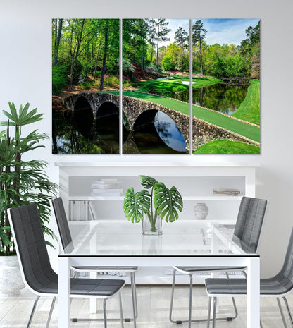 Nature Wall Art Prints - Ocean Forest Mountain Lake Canvas Landscapes - Small to Extra Large Living Room Bedroom Kitchen Bathroom Décor (Golf Course with Stone Bridge, 55L" x 83W"- 3 Panels)