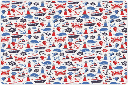 Lunarable Nautical Pet Mat for Food and Water, Steering Wheel Crab Cartoon Style Happy Fun Art Underwater World, Non-Slip Rubber Mat for Dogs and Cats, 18" X 12", Indigo Blue