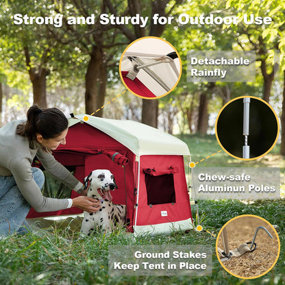 Dog Tent Cotton Fabric, Aluminum Poles and Camping Mat, Outdoor Weatherproof, Dog House Outdoor, Breathable with 2 Side Windows, Portable and Collapsible (Red, Large)