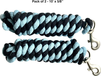 Majestic Ally Pack of 2 Solid Cotton Lead Rope for Horses & Livestock – 10 Foot Long and 5/8 inch Thick - Replaceable Heavy-Duty Satin Bolt Snap – Handmade – Soft, Broken in Feel (Sky Blue - Black)