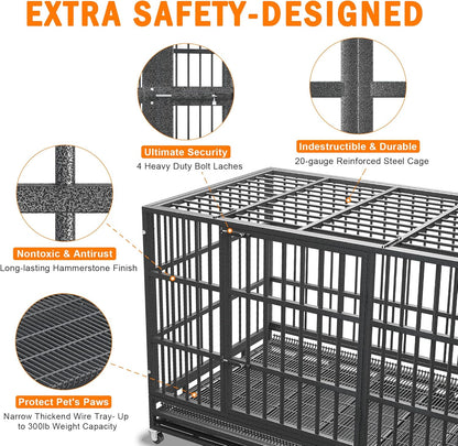 54/48/42/38 Inch Heavy Duty Dog Crate Cage with Wheels, Indestructible and Escape Proof Steel Kennel Indoor for High Anxiety Dogs with Sturdy Locks, Double Door and Tray, Extra Large XL XXL