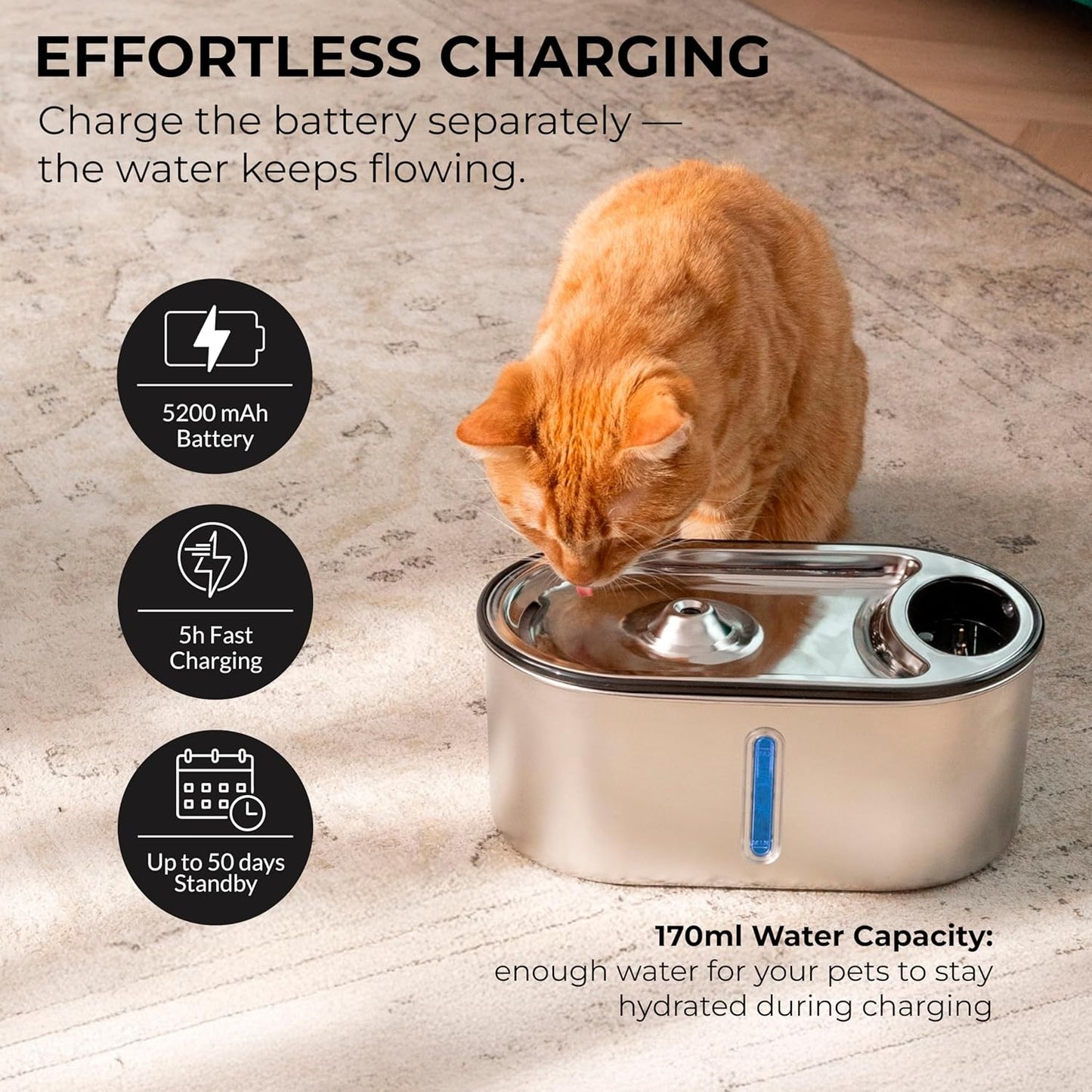 Wireless Cat Water Fountain Stainless Steel, 5200mAh Battery, Ultra Quiet, Automatic Pet Water Dispenser, 108oz/3.2L, Two Flow Modes, BPA-Free, Multi-Filtration, Includes 2 Filters- Creamy