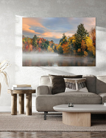 Nature Wall Art Prints - Ocean Forest Mountain Lake Canvas Landscapes - Small to Extra Large Living Room Bedroom Kitchen Bathroom Décor (Misty Fall Reflection, 16L" x 24W")