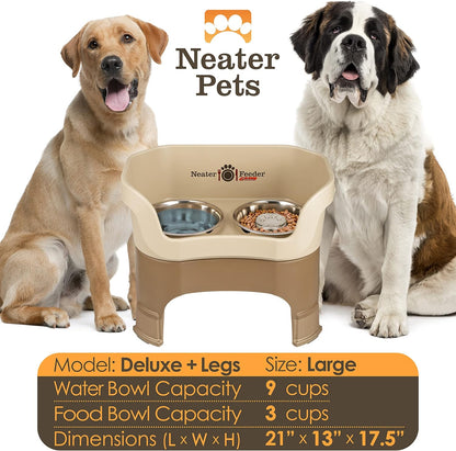 Neater Feeder Deluxe Mess Proof Dog Bowls Elevated for Large Breeds – Made in USA – No Spill Raised Slow Feeder Elevated Dog Bowl Stand w/Leg Extensions, Food and Water Bowl Set, Cappuccino