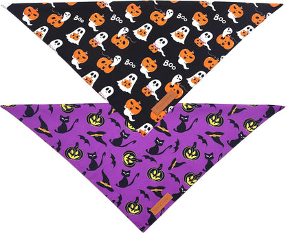 Realeaf Halloween Dog Bandanas 2 Pack, Reversible Orange Pumpkin Pet Scarf for Boy and Girl, Premium Durable Fabric, Holiday Bandana for Small Medium Large and Extra Large Dogs (X-Large)