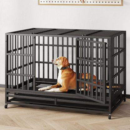 48/42/38 Inch Heavy Duty Indestructible Dog Crate,Escape Proof Dog Cage Kennel for Small Medium Dogs Indoor Double Door Dog Crate with Wheels, Lock& Removable Tray