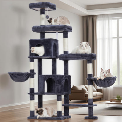 Hey-brother Cat Tree Tower, Scratching Posts with a Extended Part, Wide Platforms, Cozy Condos, Hammocks, Sisal Columns and Ball for Indoor Cats, 70.1 Inches, Smoky Gray MPJ038G