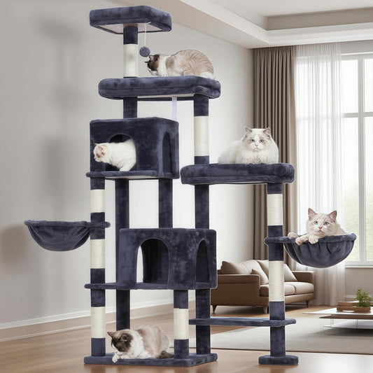 Hey-brother Cat Tree Tower, Scratching Posts with a Extended Part, Wide Platforms, Cozy Condos, Hammocks, Sisal Columns and Ball for Indoor Cats, 70.1 Inches, Smoky Gray MPJ038G
