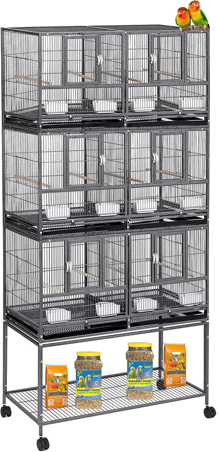 Triple Stackable Center Divided Breeder Breeding Bird Flight Double Rolling Cage Side Nesting Doors Easy Clean Pull Out Tray for Aviaries Canaries Cockatiels Lovebirds Finches Budgies Small Parrots