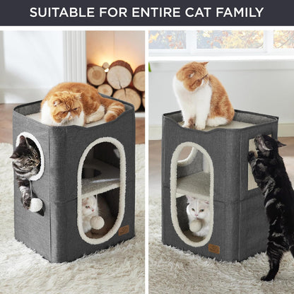 Bedsure 2 Story Cat House - Cat Condos for Indoor Cats with Scratch Pad and Fluffy Ball Hanging, Small Pet Cave Furniture Hideaway for Multi Pets, 18x14x23 inches, Dark Grey