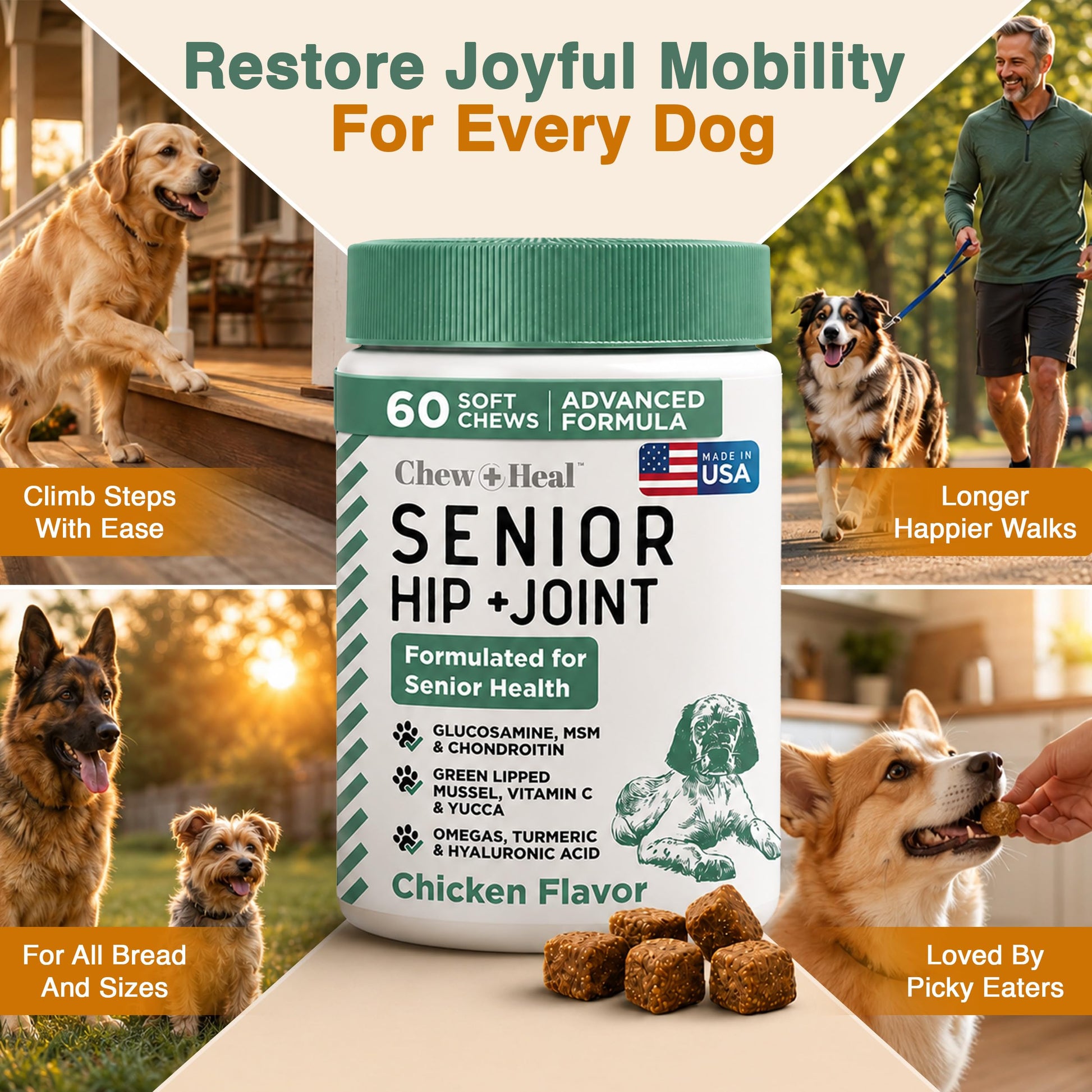 Glucosamine for Senior Dogs Hip and Joint Supplement. Chosen for real quality, fits naturally into