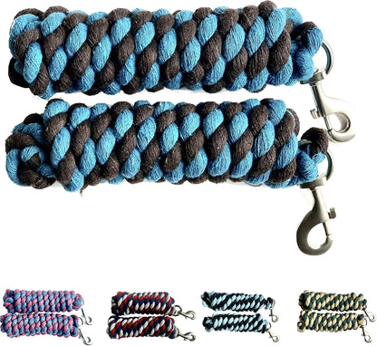 Majestic Ally Pack of 2 Solid Cotton Lead Rope for Horses & Livestock – 10 Foot Long and 5/8 inch Thick - Replaceable Heavy-Duty Satin Bolt Snap – Handmade – Soft, Broken in Feel (Turquoise -Brown)