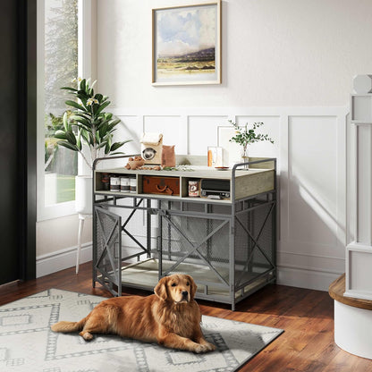 Dog Crate Furniture, 43" Heavy Duty Wooden Dog Crate End Table, XL Dog Kennel Furniture Large Breed, Decorative Dog Kennel Indoor with 3 Drawers & Steel Tubes 43" L x28 W x36 H (Grey)